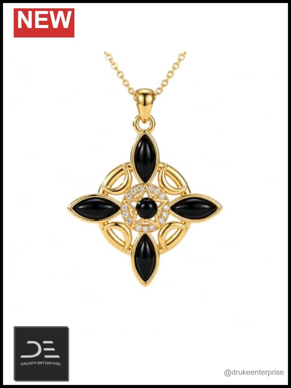 14K Gold Plated Witch Knot Pendant Necklace Black Onyx CZ Mystical